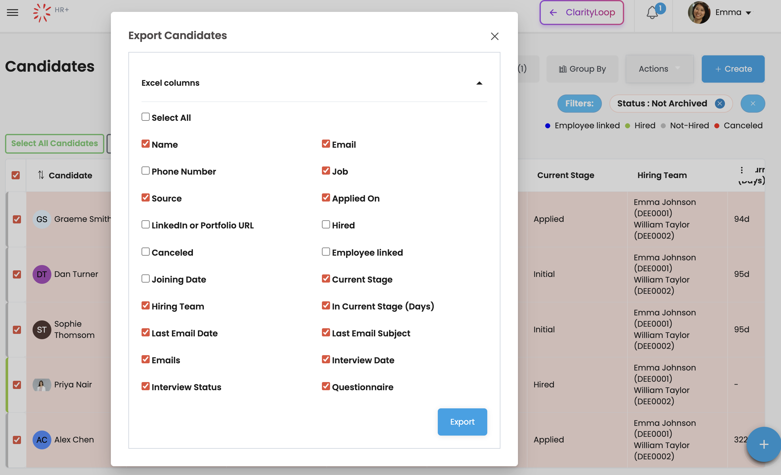 Export Candidates modal with selectable columns for candidate and hiring activity data