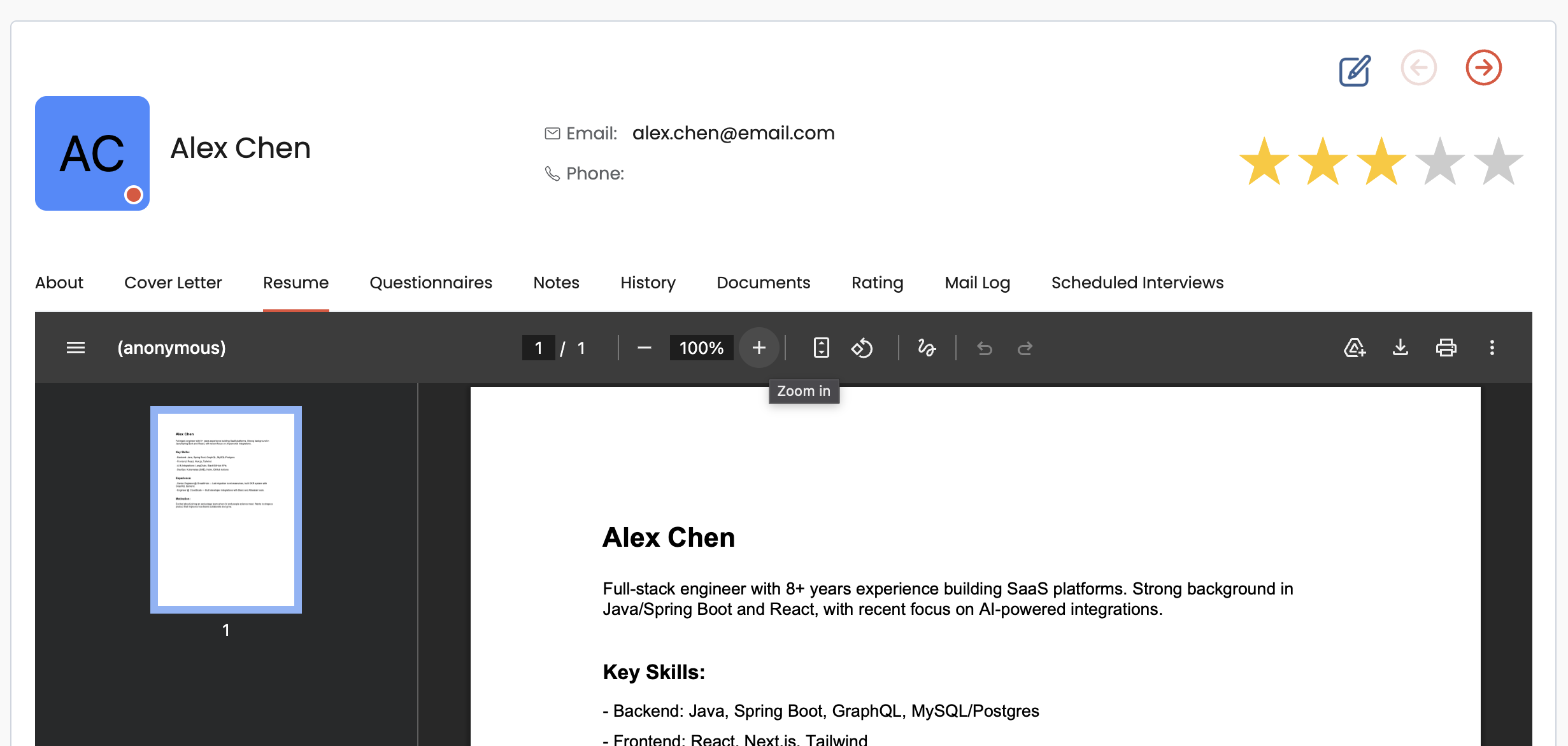 Candidate profile showing resume, tabs for notes, history, rating, mail log, and scheduled interviews