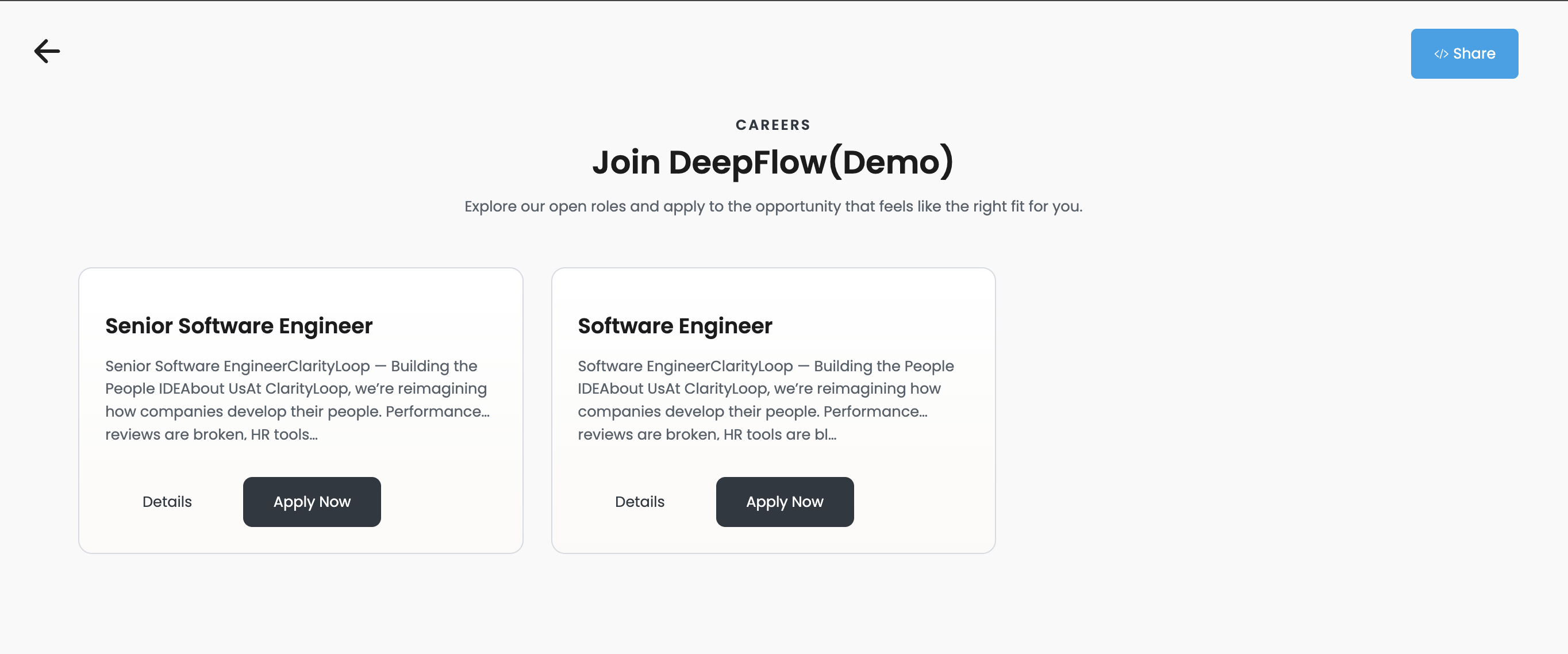 Public Careers Page showing company jobs and application actions