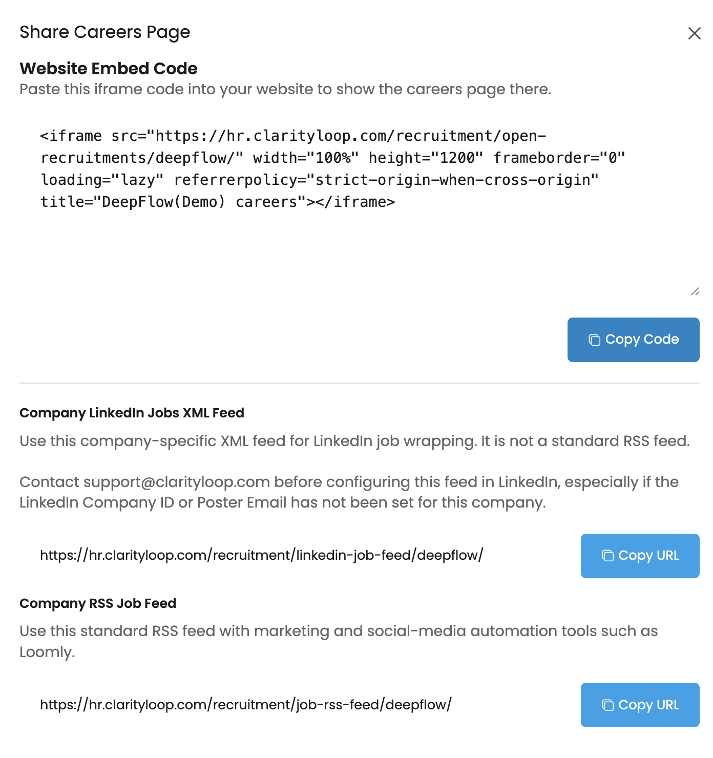 Share Careers Page modal with iframe embed code, LinkedIn feed URL, and RSS feed URL