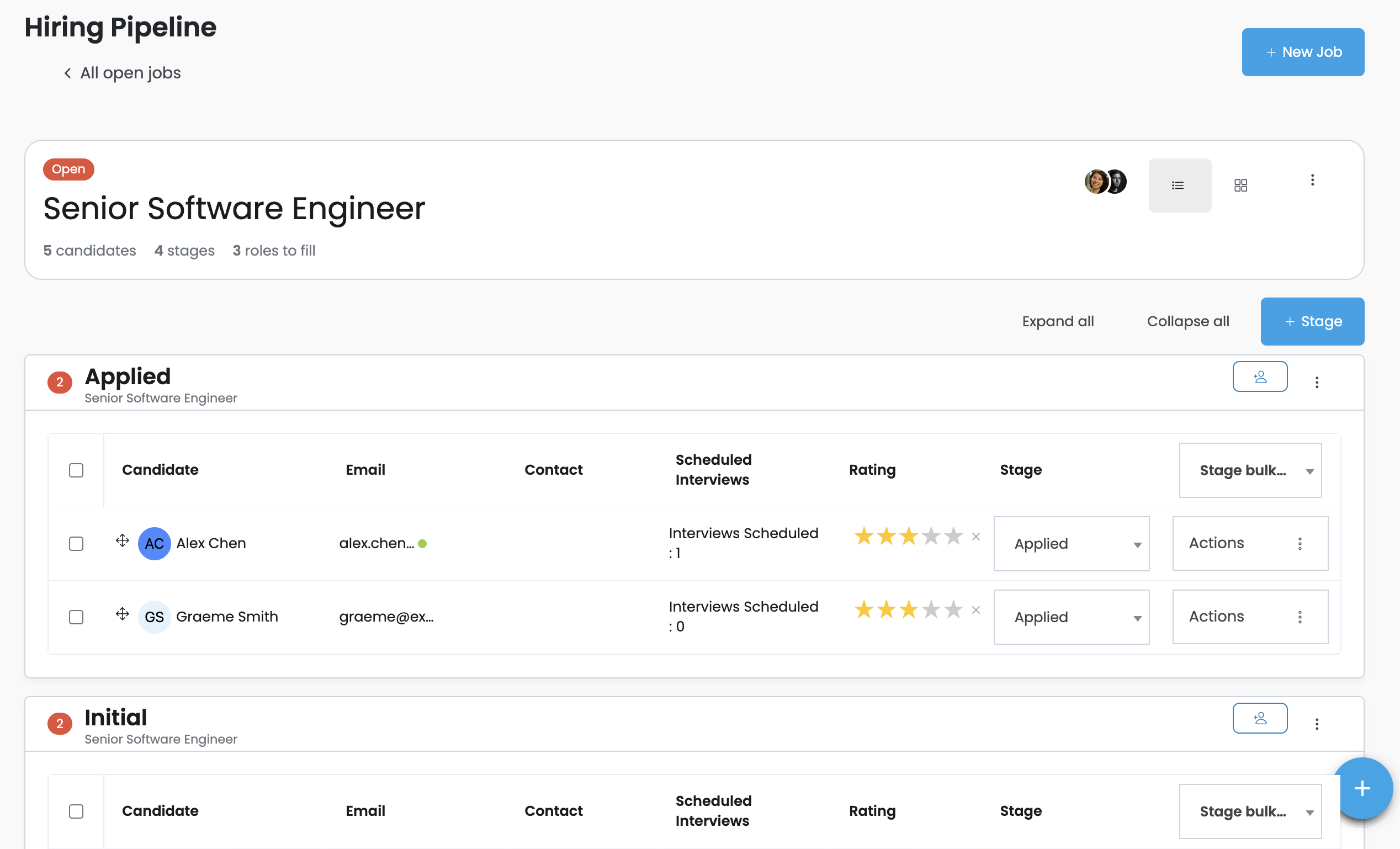 Hiring Pipeline showing one job, stages, candidates, ratings, and stage actions