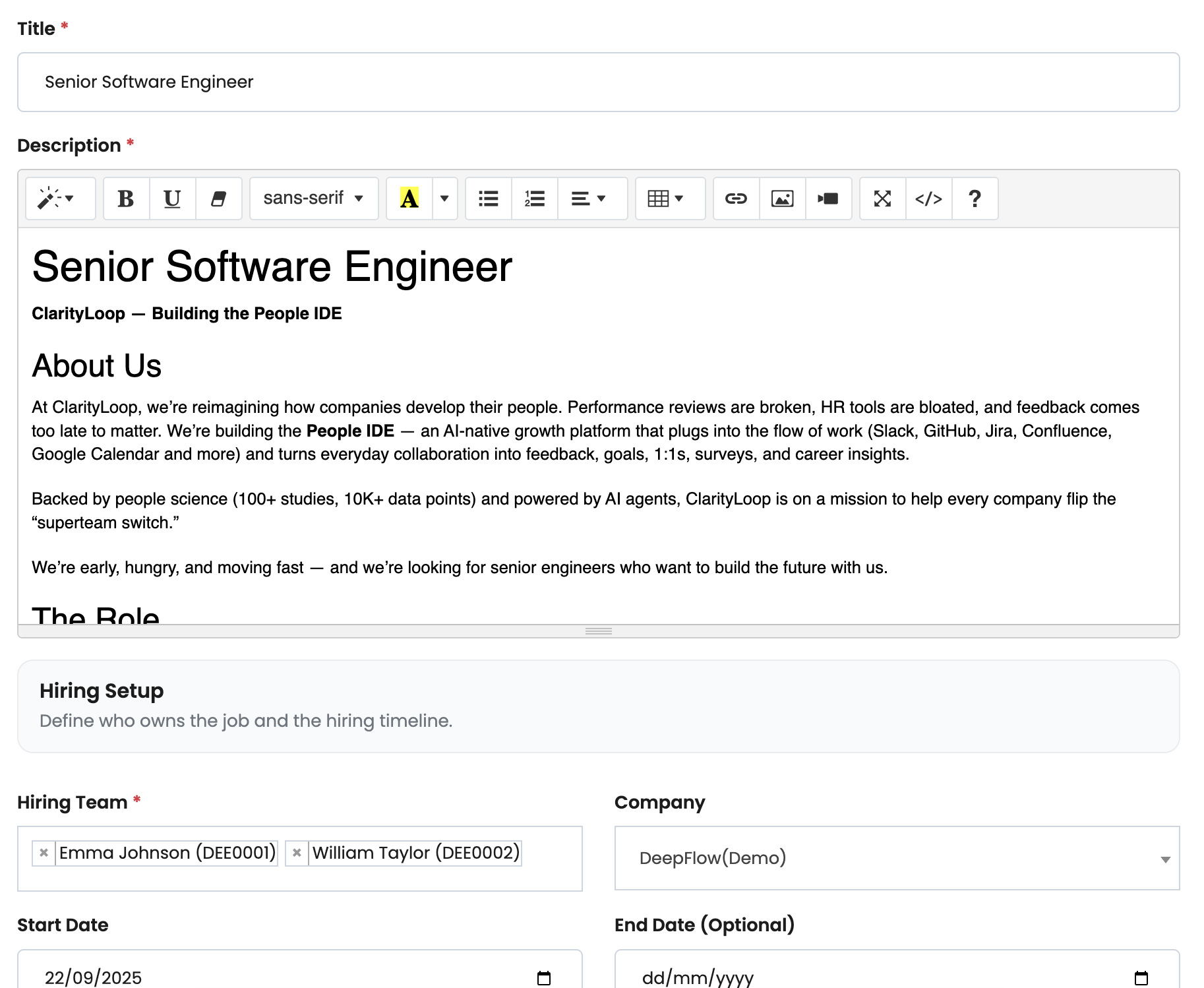 Hiring Pipeline job setup form showing job title, description, hiring team, company, and dates